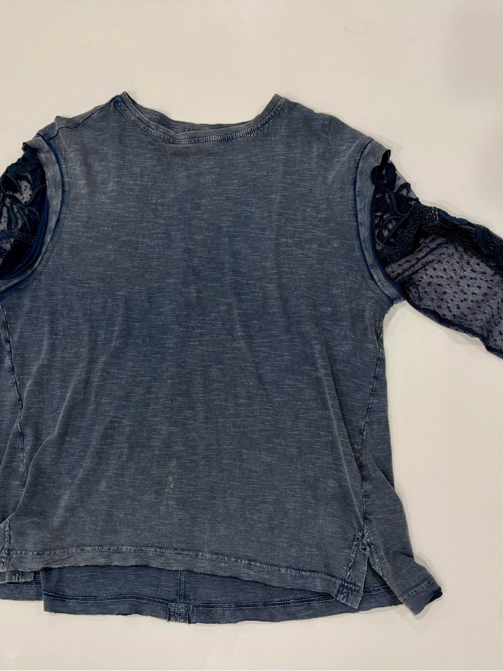 Free People Blue Lace Sleeve Tee - Casual Navy Top